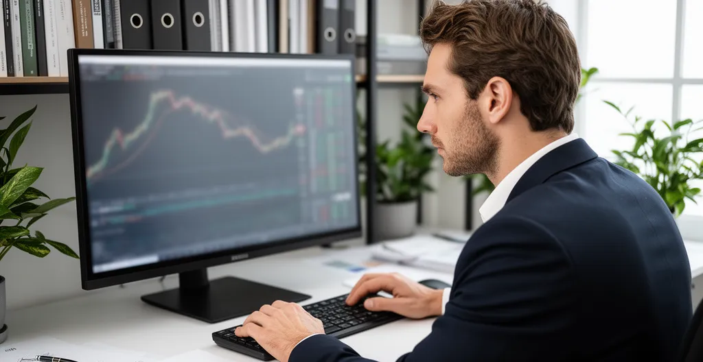 Professionnel analysant des graphiques financiers sur écran dans un bureau moderne